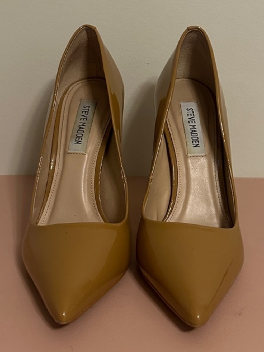 Steve Madden Tan Patent Pointed-Toe Pumps